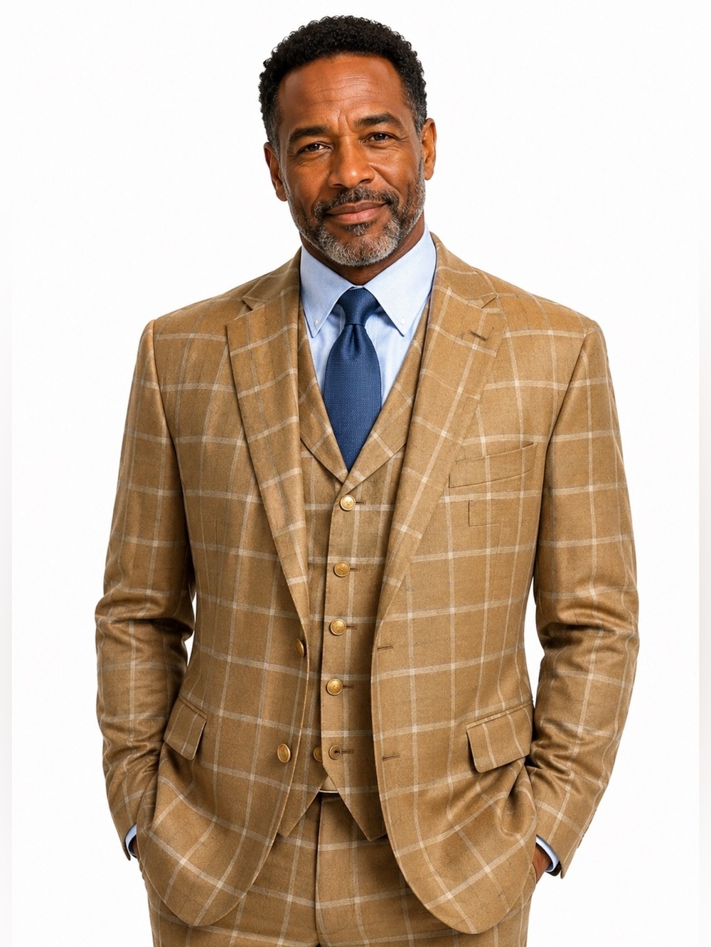 Tom James Custom 3-Piece Suit | Windowpane | Gold Buttons | Classic Tailored